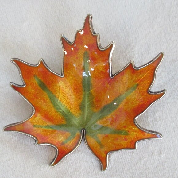 Hroar Prydz Norway Jewelry - Hroar Prydz Norway Gilt Sterling Enamel Large Maple Leaf Brooch Pin C. 1920/30s
